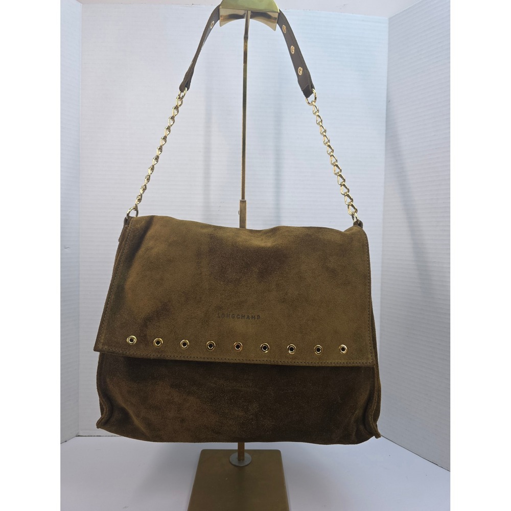 Longchamp Made in France Olive Suede Grommet Shoulder Bag Leopard L1510885 292